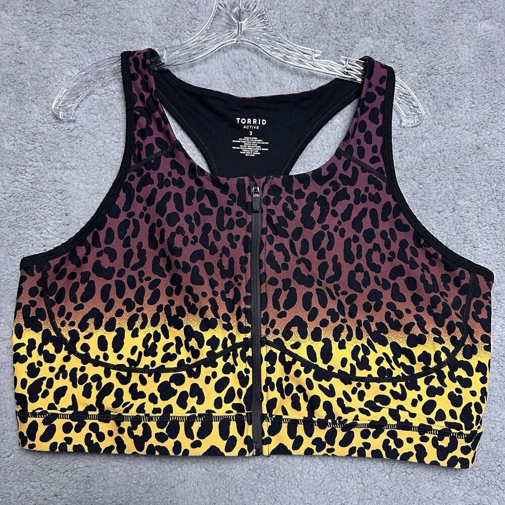 Torrid Brown Yellow Zip Front Low Impact Wireless Sports Bra 3 Animal Print